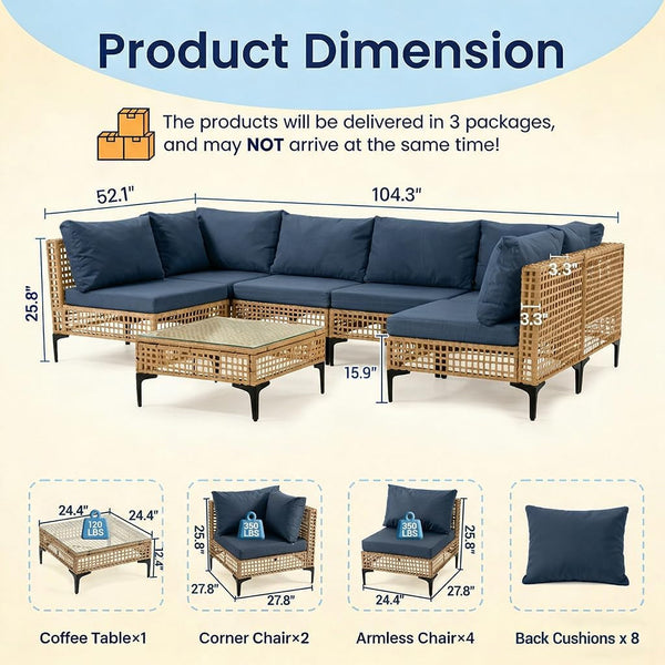 7 Piece Outdoor Patio Furniture Set with Coffee Table - Dark Blue3