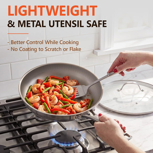 Titanium Frying Pan with Lid - 10.25" No Coating Pfas-Free Skillet, Tri-Ply Titanium & Stainless Steel, Induction & Dishwasher Safe5