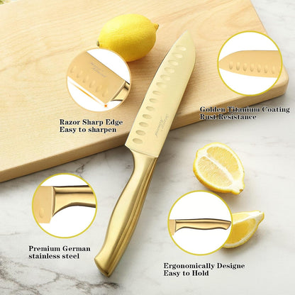 ® Gold Knife Set, Knife Block Set Ma21,Titanium Coated 14 Pieces Stainless Steel Chef Gold Kitchen Knife Sets with White Block | Forged Stainless Steel,Razor Sharp,Non-Stick&Anti-Rust,Restaurant Grade,Ergonomic Handles,Full Tang,Gift Box2