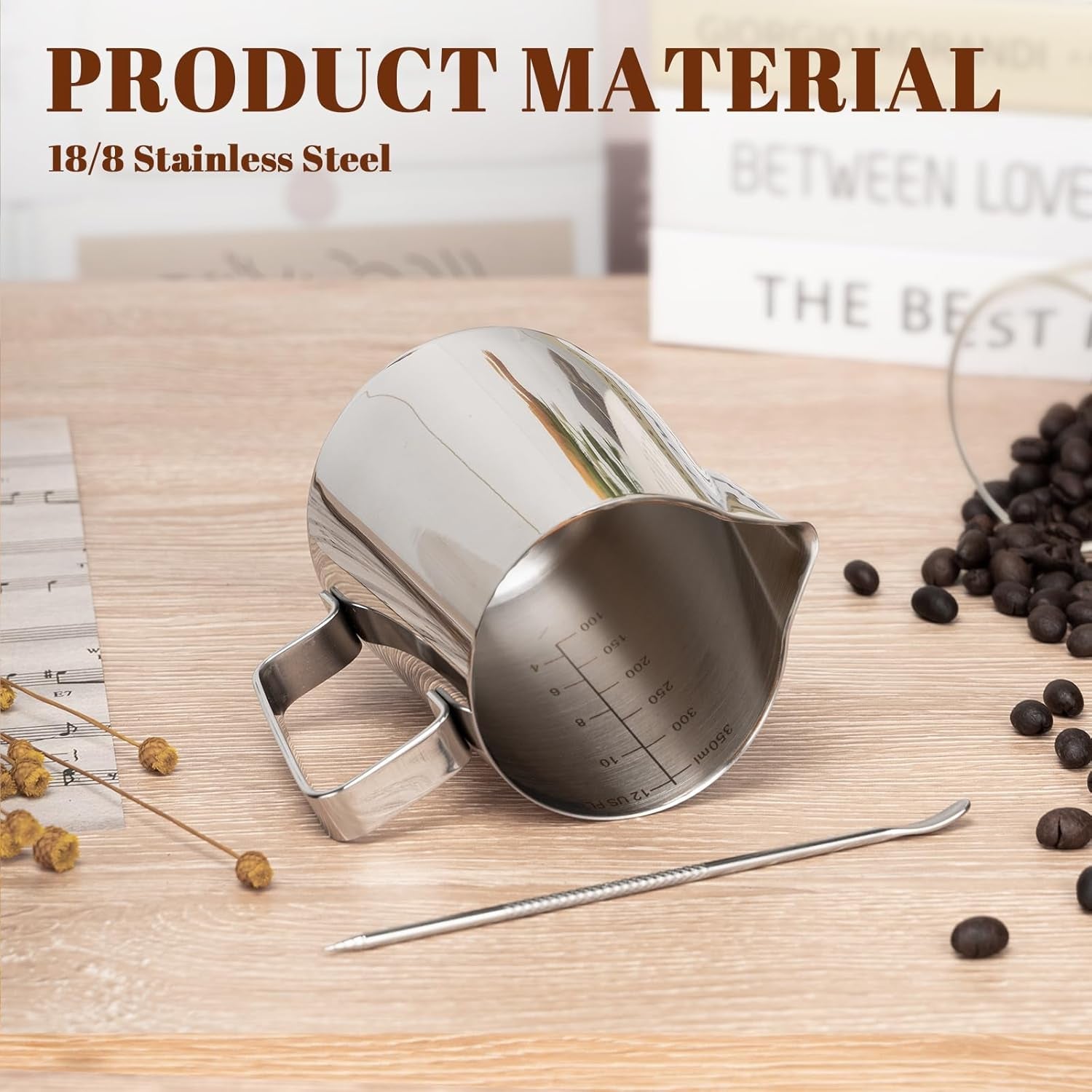 milk-frothing-pitcher-12oz-frother-cup-barista-tools-silver-18-8-stainless-steel-12oz-capacity-with-clear-scale-with-decorating-pen-ergonomic-handle-for-cappuccino-latte-espresso