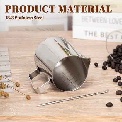 Milk Frothing Pitcher 12Oz Frother Cup Barista Tools, Silver | 18/8 Stainless Steel, 12Oz Capacity with Clear Scale, with Decorating Pen, Ergonomic Handle, for Cappuccino, Latte & Espresso5