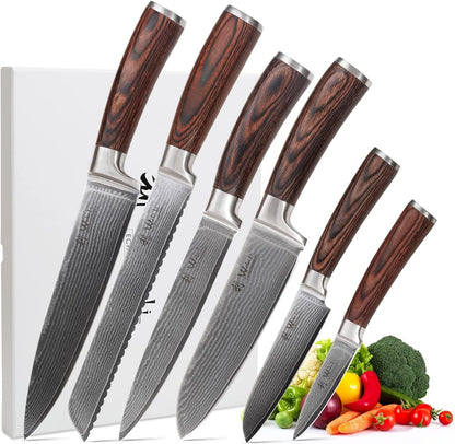EDIB Damascus Chef Knife Set, VG10 Core Blades, 6-Pcs Kitchen Knives | Six Damascus Chef Knives with 67-Layer VG10 Damascus Steel for All Kitchen Needs, Pakkawood Handles and Wooden Gift Box1
