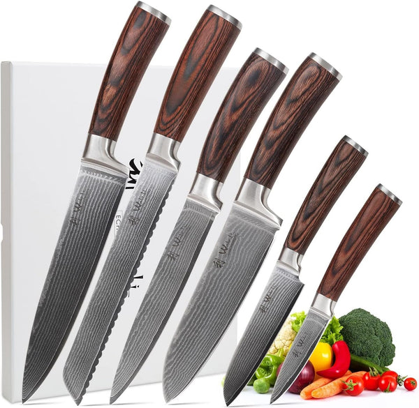 EDIB Damascus Chef Knife Set, VG10 Core Blades, 6-Pcs Kitchen Knives | Six Damascus Chef Knives with 67-Layer VG10 Damascus Steel for All Kitchen Needs, Pakkawood Handles and Wooden Gift Box1