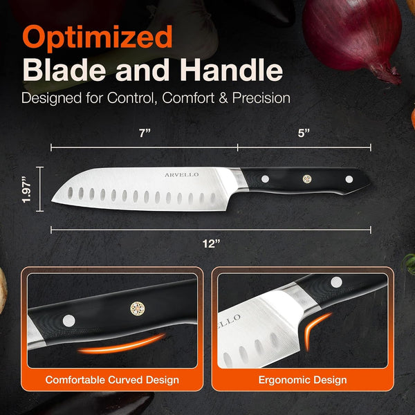 Santoku Knife - 7-Inch Japanese-Style All Purpose Knife for Home Cooks & Professional Chefs - German High Carbon Stainless Steel Blade, Full Tang, G10 Handle, Ultra-Sharp Edge7