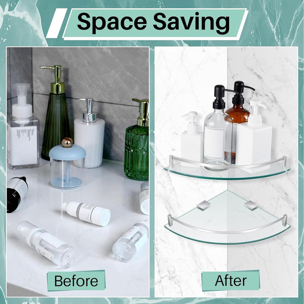 Glass 2 Pack Corner Shower Shelf, Bathroom Corner Shelves Wall Mounted with Tempered Glass and Rustproof Brackets, Floating Shower Organizer for Shampoo, Soap and Bath Accessories, 9.25 Inch3