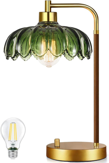 Vintage Table Lamp for Bedroom Living Room,Small Bedside Lamps Dimmable Bedroom Lamp with Glass Green Flower Lampshade,Mid Century Modern Mini Nightstand Lamp Gold Boho Side Table Lamp1