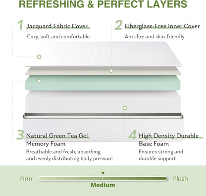 EGOHOME Full Size Memory Foam Mattress 8 Inch, Green Tea, Medium Firm | Bed Mattress in a Box, Cooling Green Tea Gel, Pressure Relief, Certipur-Us Certified, Fiberglass Free, 75''L X 54''W, White3