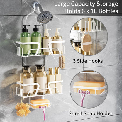 White Shower Organizer Hanging - 2 over the Shower Head Caddies + Soap Dish, Stainless Steel Rust-Free Bath Organizer3