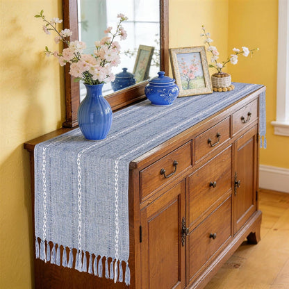 Dusty Blue Table Runner 15 X 72 Inches, Spring Summer Cotton Linen Farmhouse Dresser Runner Cover Top, Rustic Blue and White Coastal Table Decor for Dining Room, Kitchen, Wedding, Party, Home Decor9