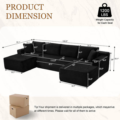 134 Inch Modular Sectional Sleeper Sofa, Boneless Cloud Couch for Living Room, U Shaped 5 Seat Sofa with 2 Storage Pockets& 2 Cup Holders, Free Combination, No Assembly Required (Black)2