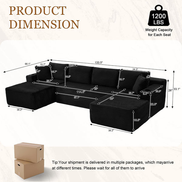 134 Inch Modular Sectional Sleeper Sofa, Boneless Cloud Couch for Living Room, U Shaped 5 Seat Sofa with 2 Storage Pockets& 2 Cup Holders, Free Combination, No Assembly Required (Black)2