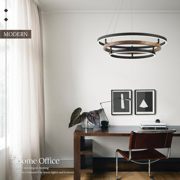 3 Ring LED Chandelier Modern Chandeliers Walnut Wood Black Dimmable 24''8