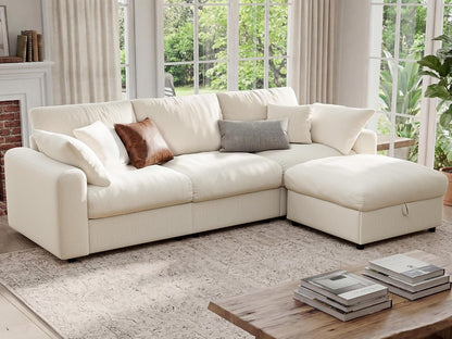 Cloud Sectional Couches for Living Room, 110" Large Modular Sectional Sofa with Wide Deep Seat, L Shaped Couch with Throw Pillow and Storage Ottoman, Beige1