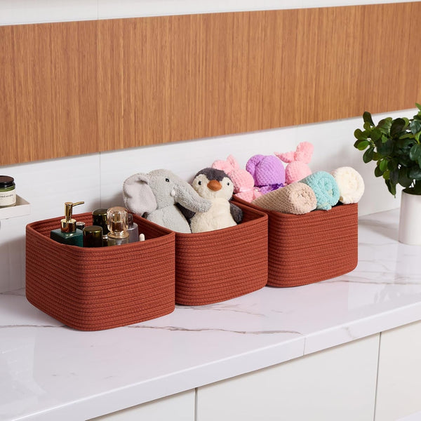 Small Organizing Baskets for Cubes Shelf, 9.7X9.7X7.1 Inch Rope Woven Storage Bins for Nursery Shelves Storage, Cute Toy Basket, Square 3 Packs Oxide Red6