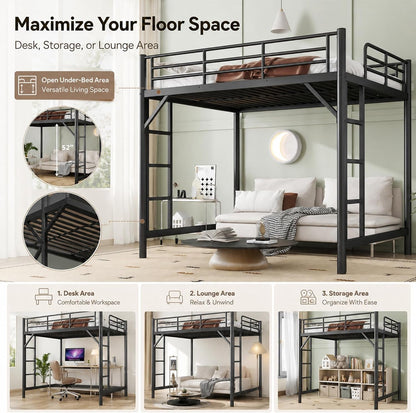 Full Loft Bed, Metal round Pipe, Dual Ladders, save Space, Black4