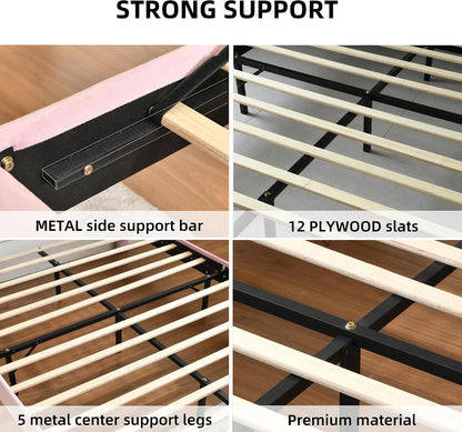 Pink Bed Frame Full Size, Aesthetic Upholstered Bed with Unique Seashell Headboard, Soft Velvet Platform Bed, Strong Wooden Slats Support, No Box Spring Needed, Heavy Duty, Easy to Assemble4