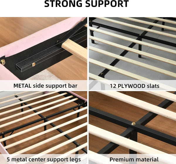 Pink Bed Frame Full Size, Aesthetic Upholstered Bed with Unique Seashell Headboard, Soft Velvet Platform Bed, Strong Wooden Slats Support, No Box Spring Needed, Heavy Duty, Easy to Assemble4