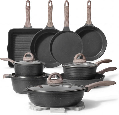 Pots and Pans Set Non Stick 23Pcs, Healthy Kitchen Cookware Sets | Non Toxic Induction Cooking Set W/Gray Frying Pans, Saucepans, Sauté & Griddle & Crepe Pan, PFOA & PFAS Free, with Lid1