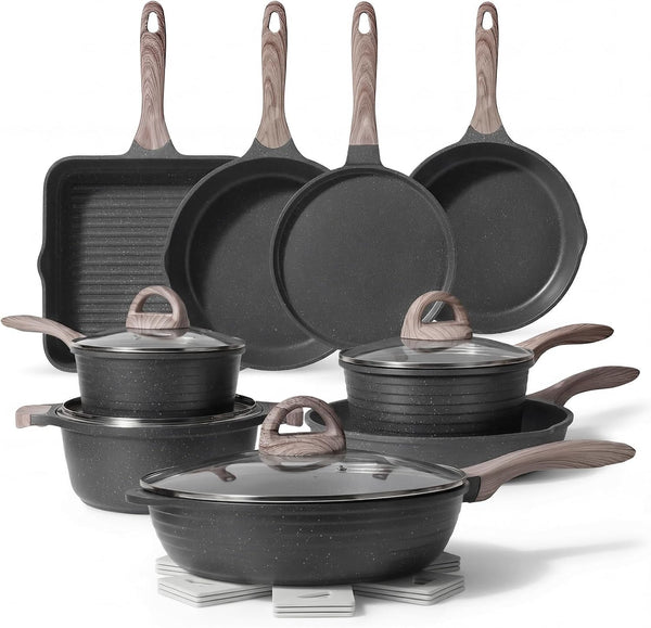 Pots and Pans Set Non Stick 23Pcs, Healthy Kitchen Cookware Sets | Non Toxic Induction Cooking Set W/Gray Frying Pans, Saucepans, Sauté & Griddle & Crepe Pan, PFOA & PFAS Free, with Lid1