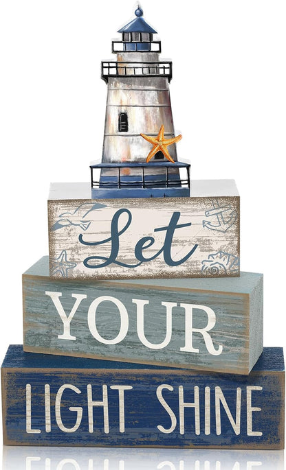 4 Pcs Lighthouse Coastal Decor Wooden Block Signs Rustic | Bathroom Tabletop Decoration for Home, Lighthouse Topper Tiered Display, Let Your Light Shine Phrase Wood Stacking Blocks1