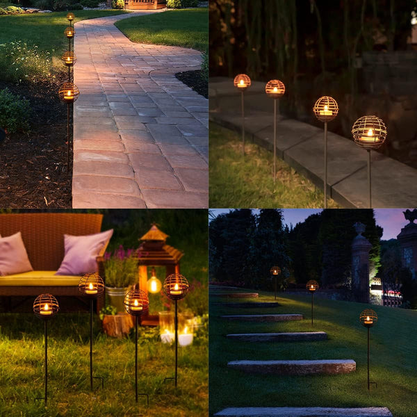 Solar Pathway Lights Outdoor, Rust Iron Ball Candle Holder Stake with Flickering Solar Powered Tea Lights, Perfect Decorative Garden Lighting for Yard Lawn Patio Landscape Decor Outside-4Pack6
