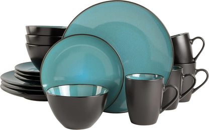 Soho Lounge 16-Piece round Reactive Glaze Stoneware Dinnerware Set, Service for 4 – Teal Plates and Bowls1