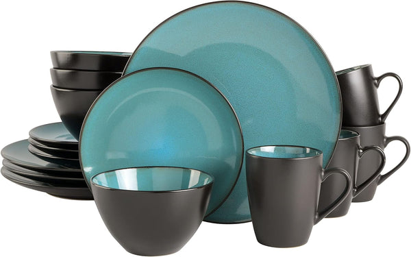 Soho Lounge 16-Piece round Reactive Glaze Stoneware Dinnerware Set, Service for 4 – Teal Plates and Bowls1