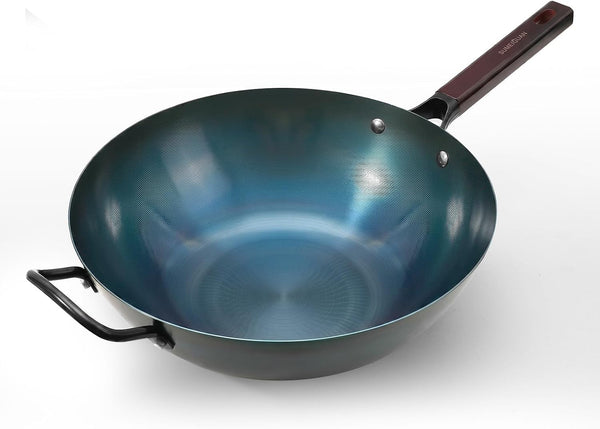 13.5" Blue Carbon Steel Wok, Pre-Seasoned Flat Bottom Wok Pan | Pre-Seasoned, No Chemical Coating, Rust-Resistant Blue Tempering, Fits Gas/Induction/Electric Stoves, Ideal for Stir-Fry1