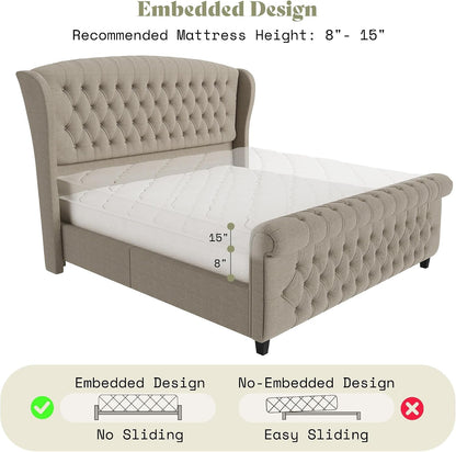 King Size Upholstered Sleigh Platform Bed Frame with Headboard8