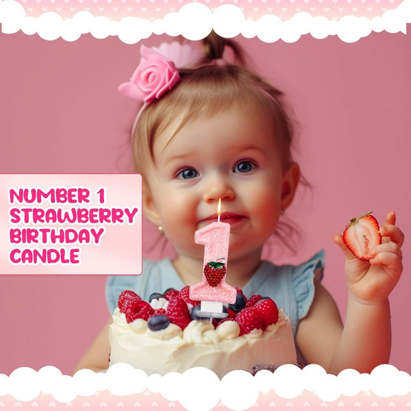 Strawberry 1 Candle for First Birthday Pink Number 1 Candle4