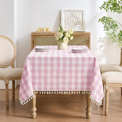 Checkered Tablecloth Rectangle, Linen Cotton Gingham Table Cloth with Tassel, Washable Buffalo Plaid Table Cover Wrinkle Free for Kitchen, Dining and Outdoor Picnic - 55 X 70 Inch, Pink7