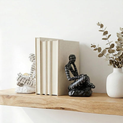 Book Ends for Heavy Books Set of 2, Modern Abstract Thinker Book Ends for Shelves and Desk - Resin with Non-Slip Pads, Bookends for Shelves, Modern Black White Office Decor Bookends4
