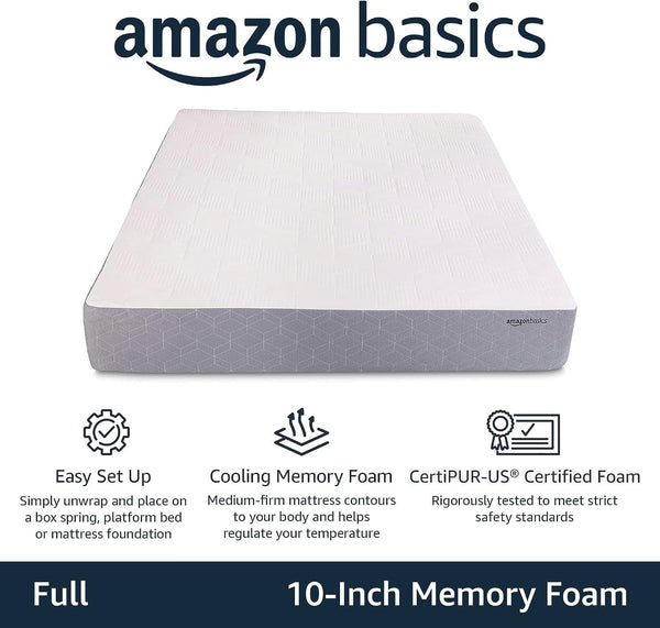 Medium-Firm Memory Foam Mattress with Cooling Gel, Certipur-Us Certified Foam, Full Size, 75 X 54 X 10 Inches, White/Gray2