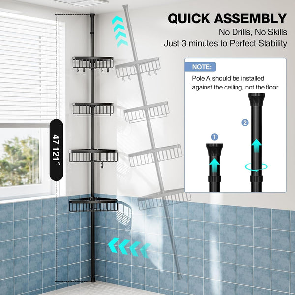 Corner Shower Caddy Tension Pole: Adjustable Rustproof 4-Tier inside Bathroom Organizer - 47-121 Inch Quick Installation Bathtub Shelves for Shampoo Storage - Rod Floor Standing Bath Rack - Black6
