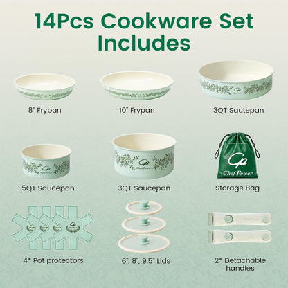 Ceramic Cookware Set Non Toxic with Detachable Handles, Healthy Nonstick Decal Pans and Pots Set 14 Pcs, Induction Dishwasher Oven Safe Kitchen Set, Light Green with Olive Branch2