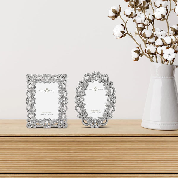 Vintage Silver Mini Frame Set/Set of 2 / 2X3 in | for Tabletop Display | Perfect for Home Decor, Xmas, Wedding, Graduation, or Milestone Photos W/Gift Box2