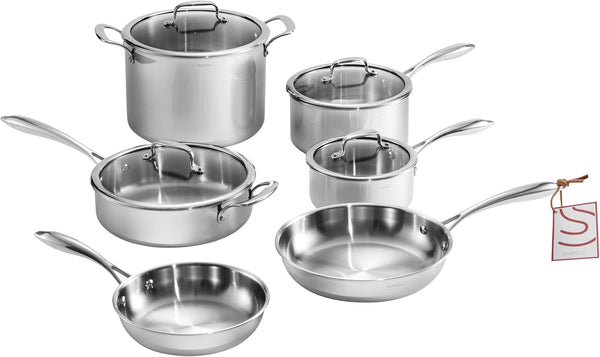 10 Pcs Stainless Steel Pots and Pan Sets for Various Cooking Needs | 5 Ply Clad, Compatible with All Cooktops, PTFE, PFAS and PFOA Free, Dishwasher Safe, Oven Safe up to 800F1