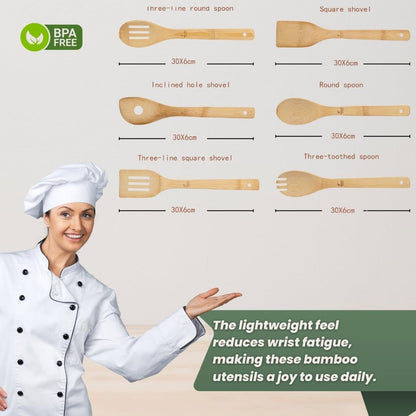 6 Piece Kitchen Utensils Set - Bamboo Cooking Utensils with Comfort Grip, Including Bamboo Spoons, Shovels & Spatulas | Wooden Utensil Set for Non-Stick Pans, Kitchen Essentials6