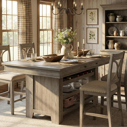 Counter Height Dining Table with 2 Drawers, 36" Farmhouse Wooden Large Bar Kitchen Table with Wine Rack & 3 Shelves, Rectangular, Thick Frame for Kitchen, Bar & Entertaining, Retro Gray4