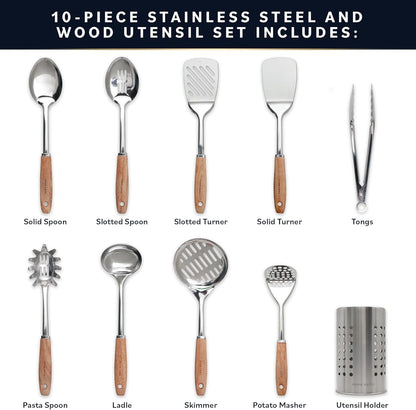 10-Piece Stainless Steel Kitchen Utensil Set with Wooden Handle3