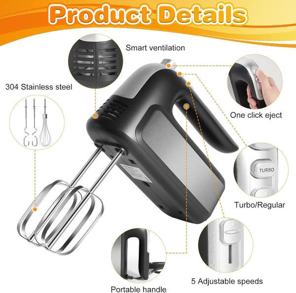5-Speed 400W Electric Hand Mixer with Turbo – Powerful Handheld | Kitchen Mixer with 5 Stainless Steel Attachments for Dough, Cream, Batter, Eggs & Baking3