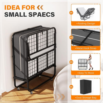Folding Bed with 5 Inch Memory Mattress, 75” X 31” Foldable Single Cot Size with Wheels for Adults, Portable Rollaway Bed with Metal Frame for Apartment6