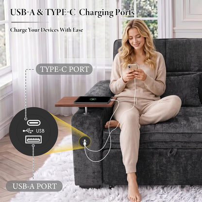 65'' Convertible Sleeper Sofa Bed with Swivel Side Table, Chenille Pull Out Couch for Living Room, Loveseat Sleeper Couch with Hidden Storage Space | Charging Port | Cup Holders, Grey7