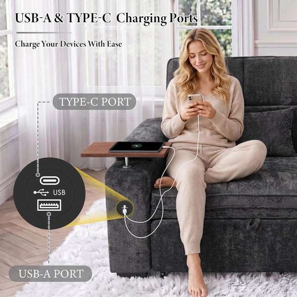 65'' Convertible Sleeper Sofa Bed with Swivel Side Table, Chenille Pull Out Couch for Living Room, Loveseat Sleeper Couch with Hidden Storage Space | Charging Port | Cup Holders, Grey7