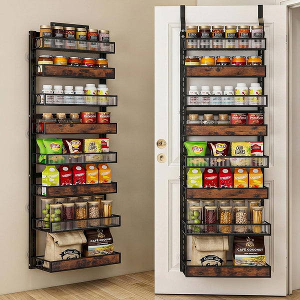 8 Tier Pantry Door Organizer Spice Rack, 2-IN-1 Wall Mount or Hanging over Door Seasoning Organizer with Adjustable Baskets, Heavy Duty behind Door Storage Shelves for Pantry, Cabinet and Kitchen1