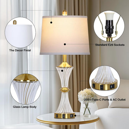 Crystal Glass Table Lamp Set of 2 with USB C+A Ports & AC Outlet, White Lamp, Modern Bedroom Lamps, Gold Lamp for Night Stands Bedroom Living Room,Nightstand Lamp LED Bulbs Included5