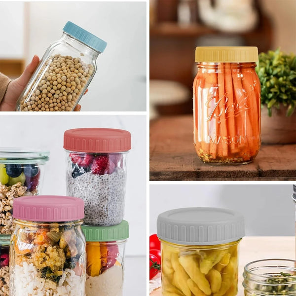 8PCS Regular Mouth Plastic Mason Jar Lids, Leak Proof | Colored, with Silicone Rings, Airtight Leakproof Seal, Fit for Ball & Kerr Canning Jars, Reusable Jars Accessories8