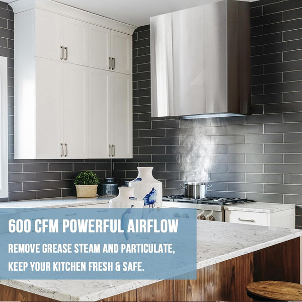 Stainless Steel Range Hood, Modern Box Kitchen Hood with Powerful Vent Motor, Wall Mount, 30”W*30”H*14D, Signal White (AK-HS30H-SW)2