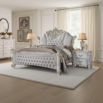 Antoine King Size Bed, Ivory Faux Leather Victorian Carved Pearl White2