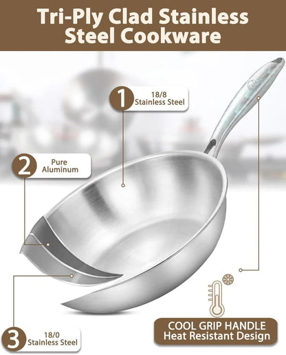 12.5-Inch Tri-Ply Stainless Steel Wok Pan with Lid | Detachable Handle | Stir-Frying Pan | Induction Wok | Dishwasher and Oven Safe | Heavy-Duty | Flat-Bottom2